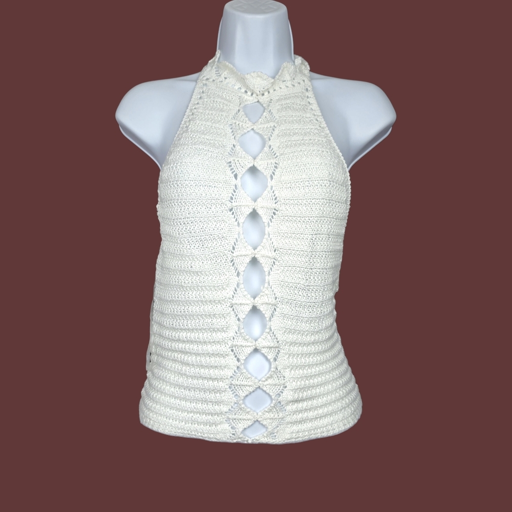 Fashion Nova Womens Off White Crochet Halter Neck Top Size S NWOT